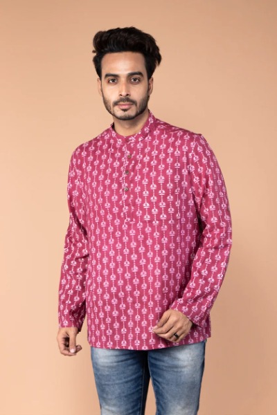 Deep pink and white Short Kurta for Men -Ramdhanu Ethnic
