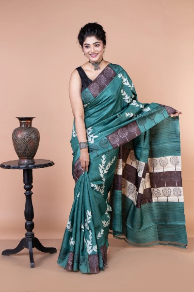 This Green Tussar Silk saree perfect for evening parties -Ramdhanu Ethnic