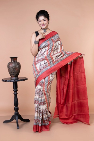 Buy this evergreen combination of red and white tussar silk saree -Ramdhanu Ethnic