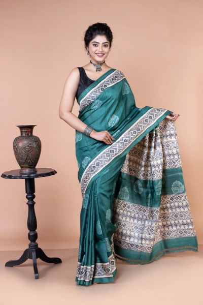 Dark green and white color tussar silk saree perfect for evening party -Ramdhanu Ethnic