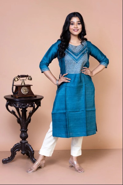 Blue Tussar Silk Kurta -Ramdhanu