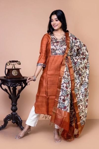 Tussar Silk Kurta Only in Rust Colour (Kurta Only) -Ramdhanu