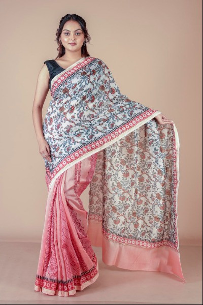 Peach Chanderi Block Print Saree -Ramdhanu Ethnic