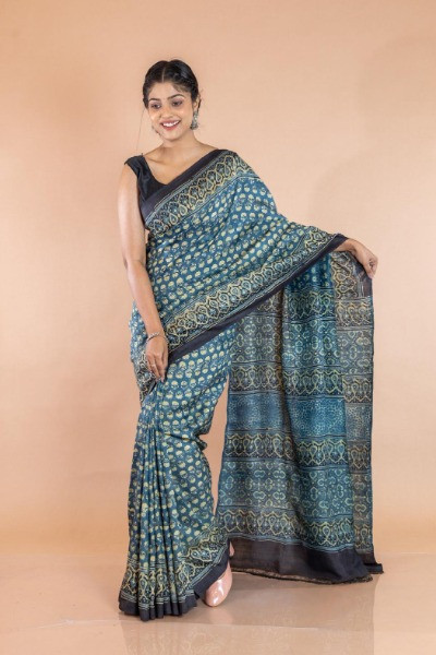 Blue And Yellow Mulberry Silk Ajrak Block Print Saree -Ramdhanu Ethnic