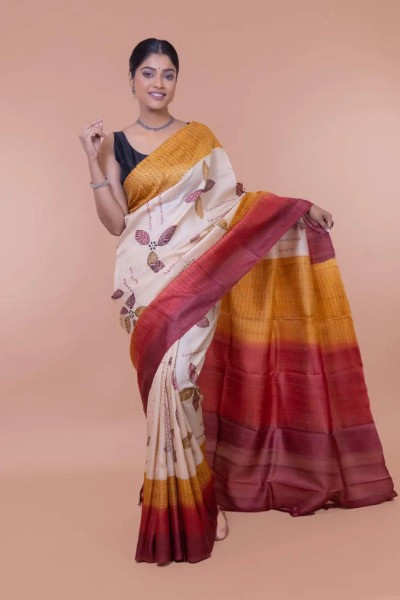 Red And Yellow Printed Tussar Silk Saree -Ramdhanu Ethnic