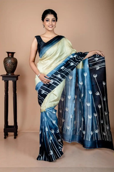 Beige Grey And Blue Pure Silk Hand Painted Saree -Ramdhanu Ethnic