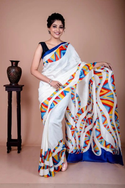 Multicolor Hand Painted White Soft Silk Saree -Ramdhanu Ethnic