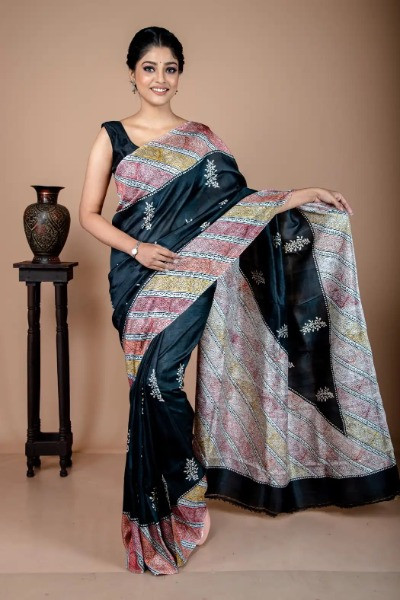 Classic Black Silk Saree with Discharge Block Prints -Ramdhanu Ethnic
