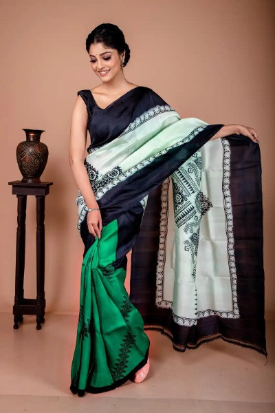 Bottle Green Silk Saree with Tribal Design -Ramdhanu Ethnic