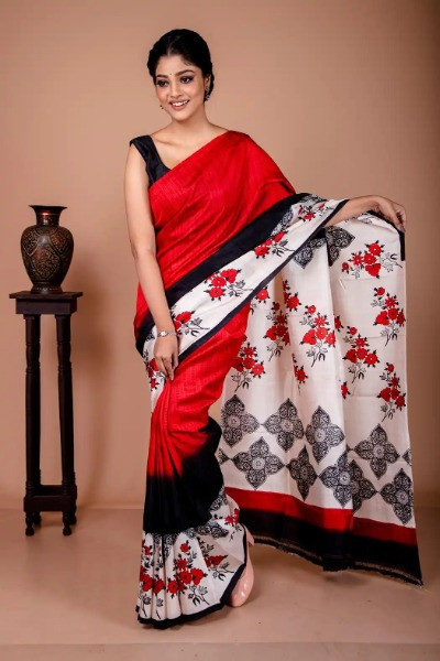 Black and Red Saree with Floral Printed Border -Ramdhanu Ethnic