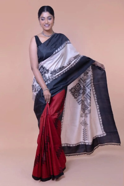 Black and Red Combination Silk Saree with Tribal Style -Ramdhanu Ethnic