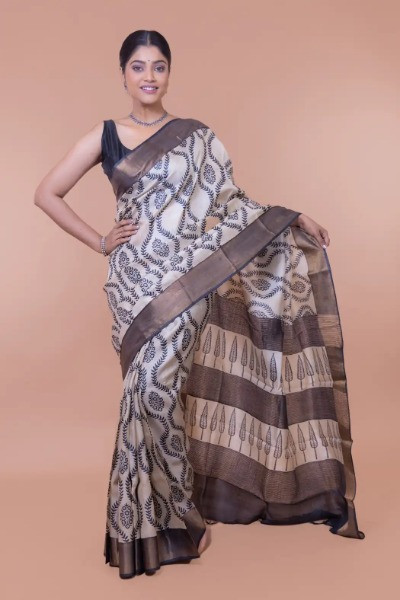 Block Printed Black and White Saree on Pure Tussar Silk -Ramdhanu Ethnic
