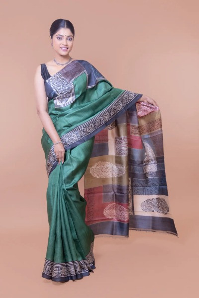 Green Block Printed Modern Sarees on Tussar -Ramdhanu Ethnic