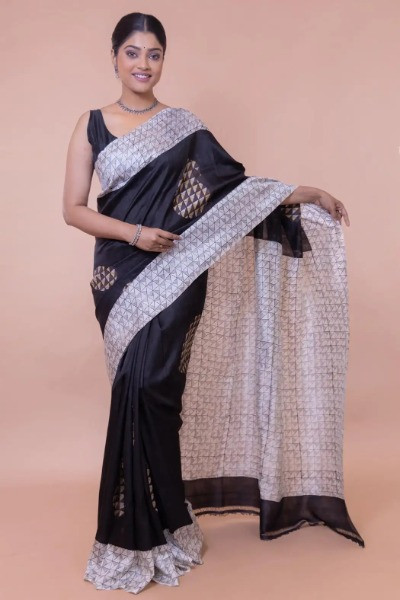 Block Printed Silk Saree in Black & White Combination -Ramdhanu Ethnic