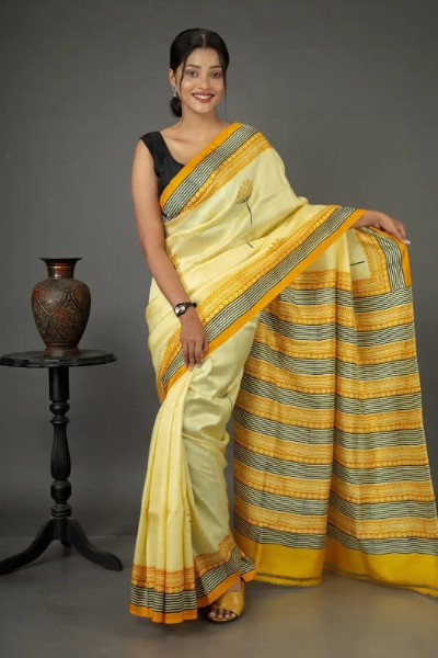 Yellow Pure Silk Saree in Wood Block Prints -Ramdhanu Ethnic