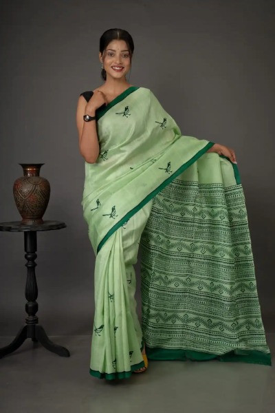 Light Green Silk Saree with Sparrow Motif -Ramdhanu Ethnic