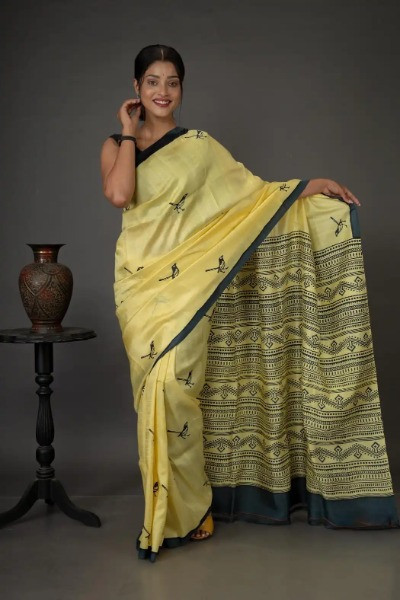 Light Yellow Silk Saree With Sparrow Motif -Ramdhanu Ethnic