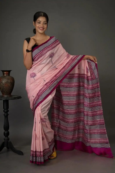 Light Pink Floral Print Silk Saree -Ramdhanu Ethnic