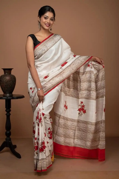 White and Red Floral Print Silk Saree -Ramdhanu Ethnic