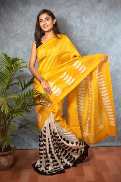 Hand Painted Black and Yellow Colour saree -Ramdhanu Ethnic