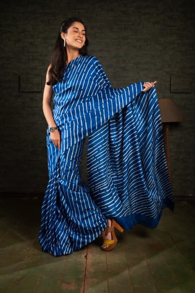 Modern Hand Painted Blue Colour Silk Saree -Ramdhanu Ethnic