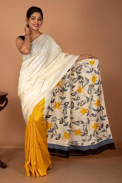 Hand Painted White And Yellow Saree on Pure Silk -Ramdhanu Ethnic