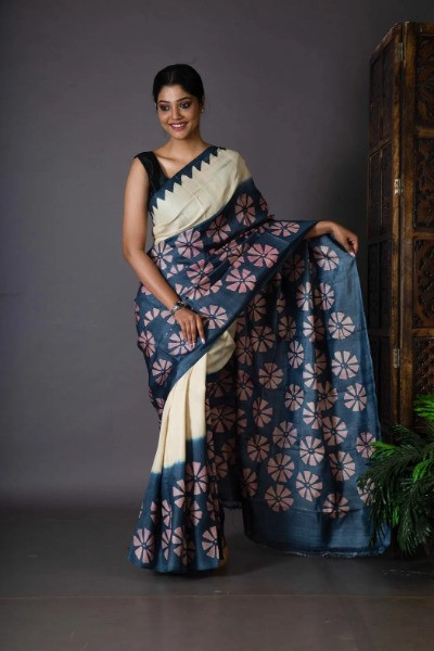 Blue and White Saree Painted in Peach Floral Motifs on Handwoven Tussar Silk -Ramdhanu Ethnic