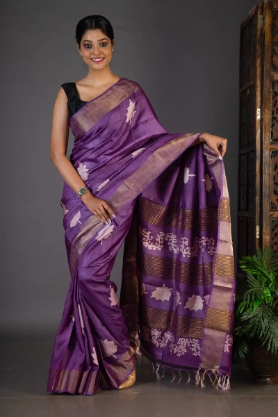 Purple Colour Saree Handpainted in style on Zari Border Tussar Silk -Ramdhanu Ethnic