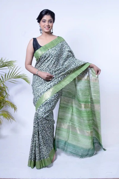 Green and Blue Floral Ghicha Tussar Silk Saree -Ramdhanu Ethnic