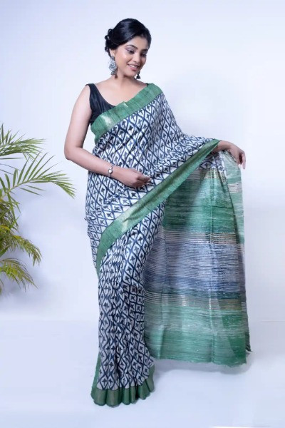 Green and Blue Printed Ghicha Tussar Saree -Ramdhanu Ethnic