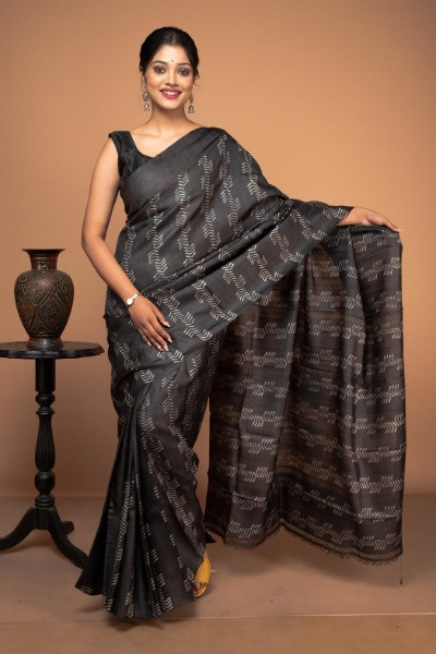 Hand Block Printed Tussar Silk Black saree -Ramdhanu Ethnic
