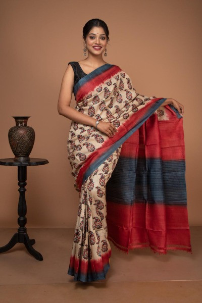 Red and Grey combination Tussar Silk Saree -Ramdhanu Ethnic