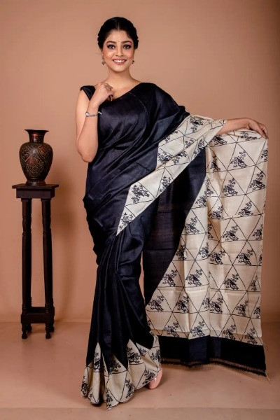 Block Printed Pure Tussar Black And White Saree -Ramdhanu Ethnic