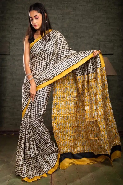 Off-white Tussar in Small Checks Silk Saree design -Ramdhanu Ethnic