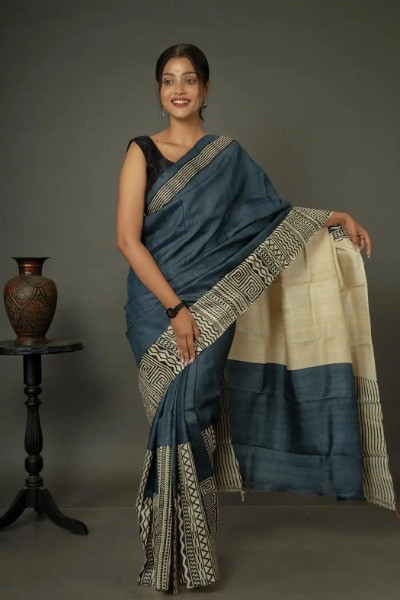 Greyish Blue Printed Pure Tussar Elegant Saree -Ramdhanu Ethnic