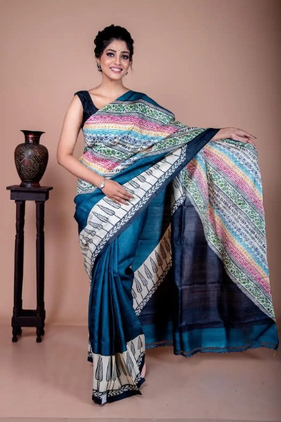 Grey Colour Saree on Pure Tussar Silk -Ramdhanu Ethnic