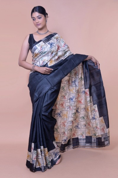Pure Tussar Printed Black Designer Saree -Ramdhanu Ethnic