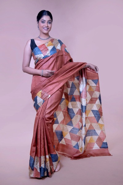 Pure Tussar Silk Rust Colour Saree -Ramdhanu Ethnic