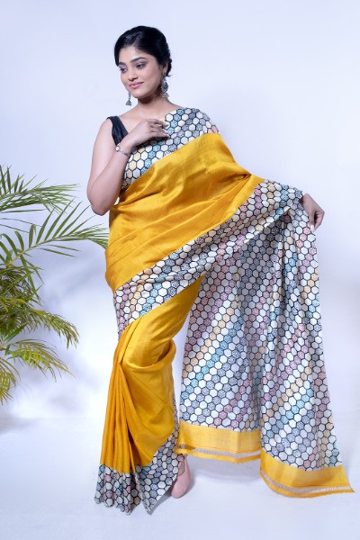 Hand Block Printed Yellow Soft Silk Saree -Ramdhanu Ethnic