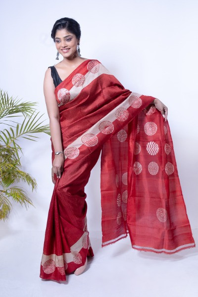 Hand Block Printed Red Modern Soft silk Saree -Ramdhanu Ethnic