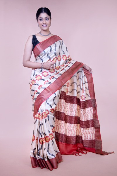Block Printed Tussar Silk Off-white and Red saree -Ramdhanu Ethnic