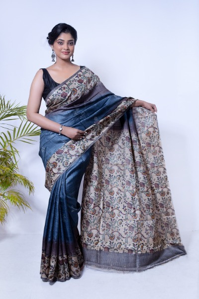 Floral Block Printed Grey Tussar Silk Saree -Ramdhanu Ethnic