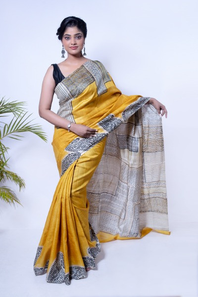 Paisley Printed Yellow Tussar Silk Saree -Ramdhanu Ethnic