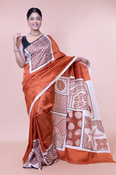 Pure Silk Saree in Rust and White Combination -Ramdhanu Ethnic