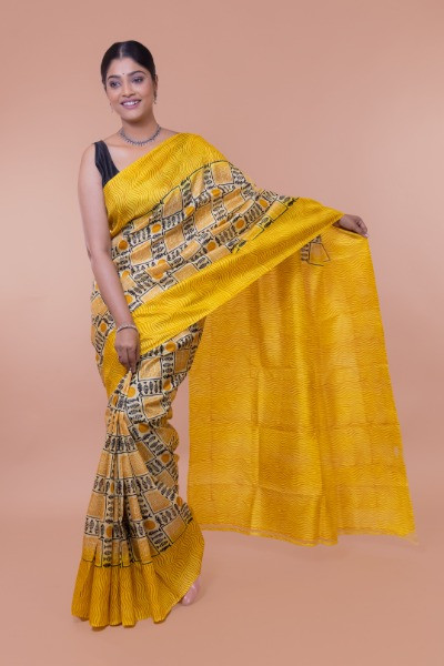 Block Printed Yellow Pattu Pure Silk Saree -Ramdhanu Ethnic