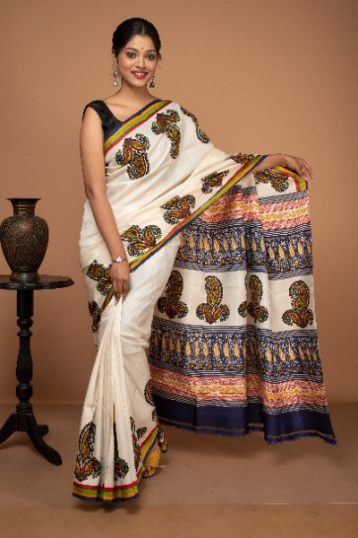 Off-white mulberry silk block print saree -Ramdhanu Ethnic