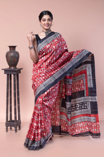 Traditional Red Silk Saree Hand Block Printed -Ramdhanu Ethnic