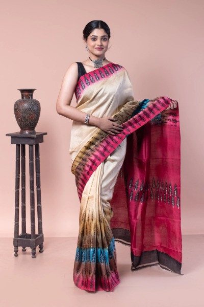 Buy this latest block print silk saree on every occasion -Ramdhanu Ethnic