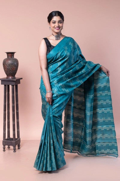Buy this Blue tussar silk saree for all parties -Ramdhanu Ethnic