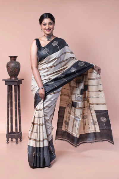 Traditional Black and White Tussar Silk Saree for women -Ramdhanu Ethnic